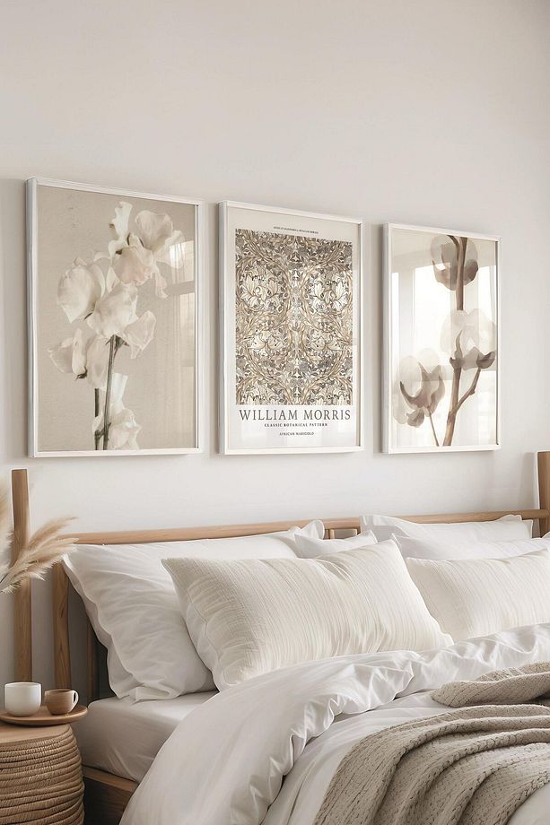 Beyaz Çerçeveli Tablo Seti, Soft Kahverengi William Morris Duvar Tablosu, 3 Adet Poster Seti, No:300 - 1