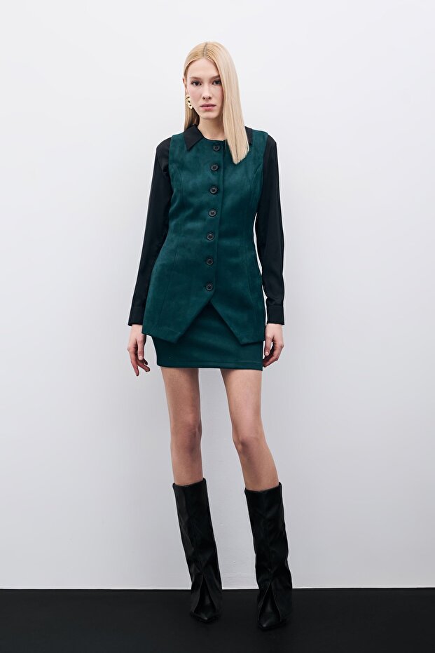 سترة طويلة من جلد الغزال بأزرار - زمرد - 1