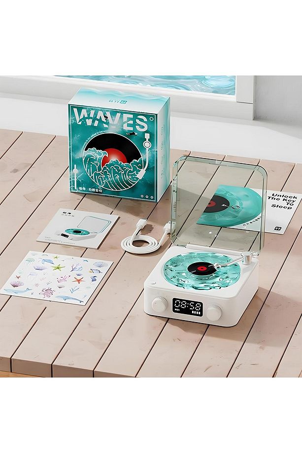 Waves Nostalji Plak Çalar Bluetooth Subwoofer 3D Ses Dalgası Retro Müzik Plak Çalar Beyaz - 1