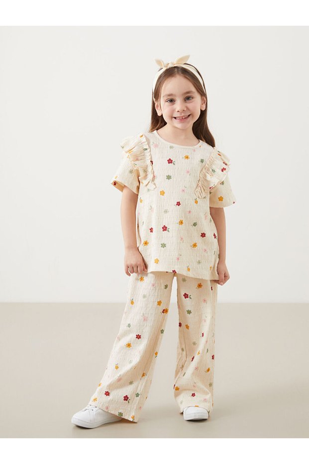 Lcw Kids Ecru Crew Neck Floral Girl's Blouse and Pants 2-Piece
