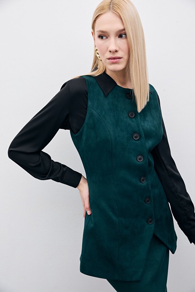 سترة طويلة من جلد الغزال بأزرار - زمرد - 4