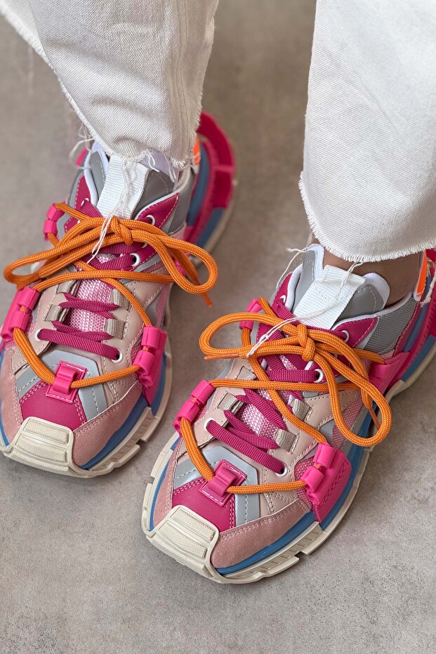 Oslo bézs kék fukszia matt csipke részletes, vastag talpú női sportcipő - 6