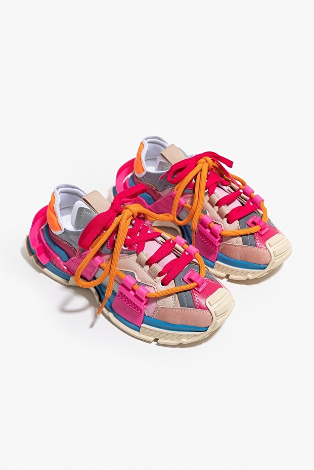 Oslo bézs kék fukszia matt csipke részletes, vastag talpú női sportcipő - 5