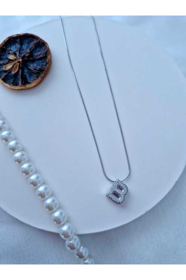 B Harfi Taşlı Çelik Kolye - 3