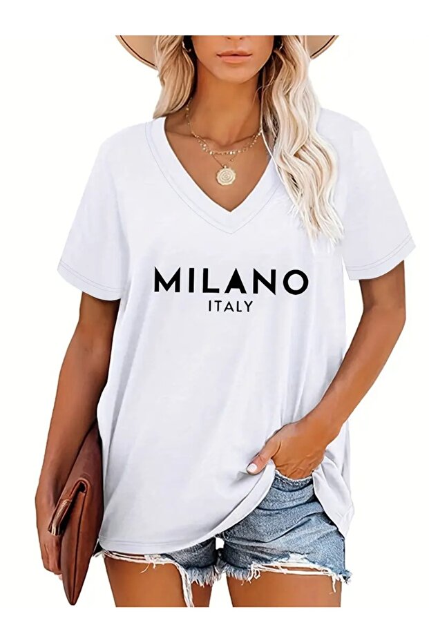 Women's V-Neck White T-Shirt Printed Oversize Loose Fit