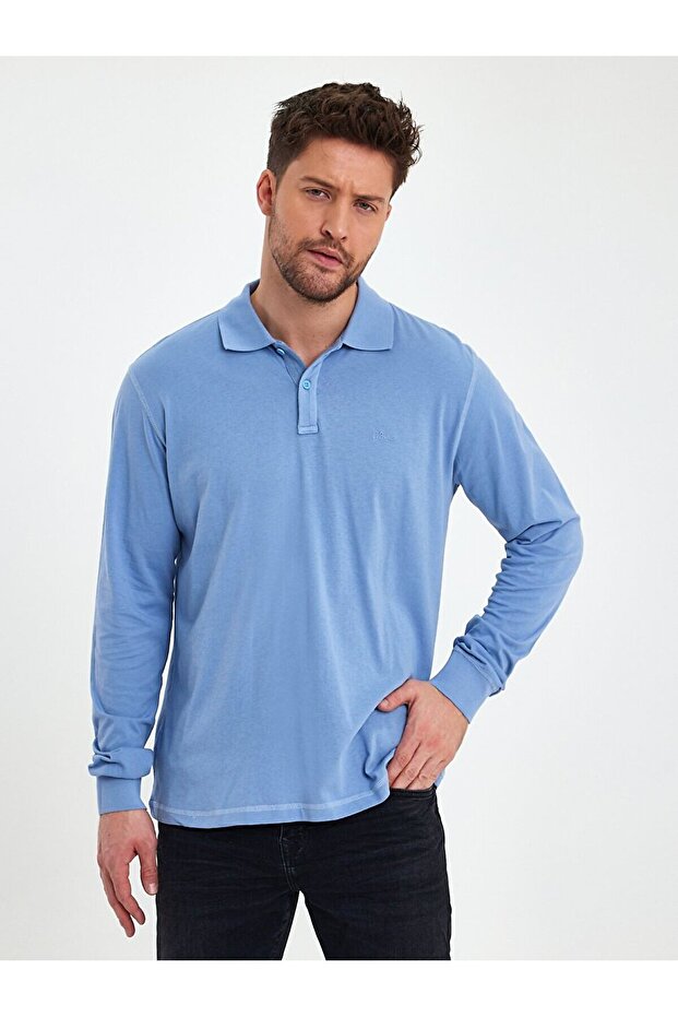 Polo Yaka Mavi Sweatshırt - 2