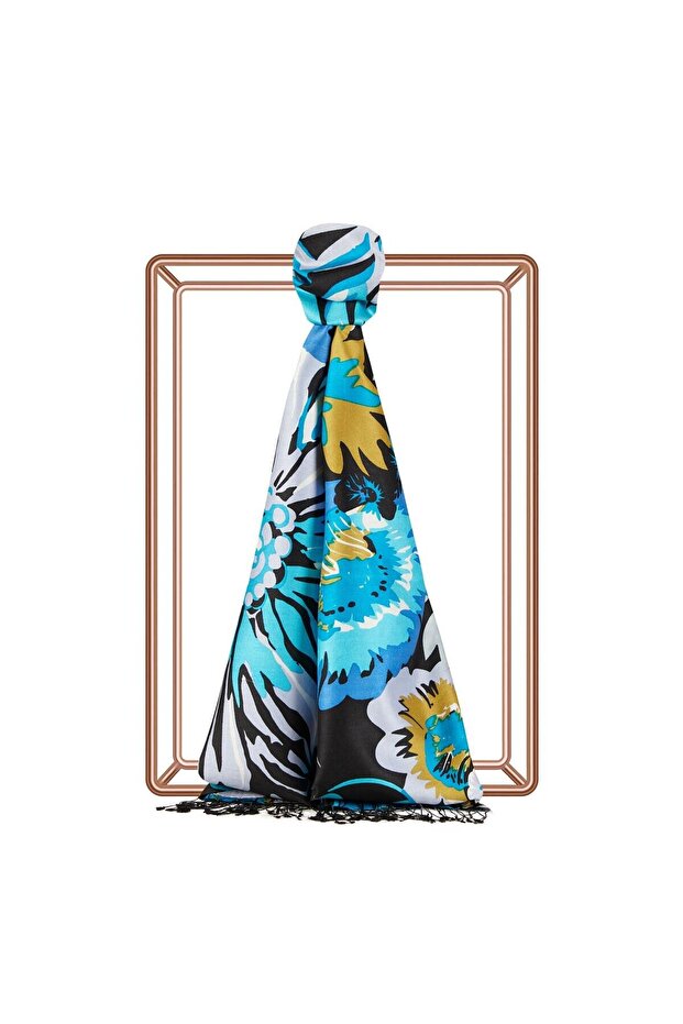 Patterned Silk Shawl - Nihavent Patterned - Black Turquoise - 1