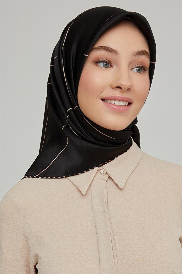 İpek Eşarp Nostalji - 8655-01 Siyah Vizon Twill - 1