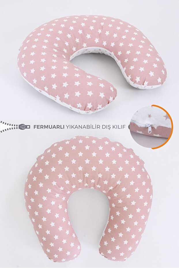 Pink Star Patterned Double Sided Baby Nursing Pillow 100% Cotton Maternity Cushion