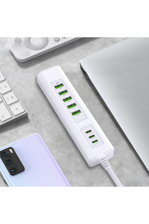 Hızlı Şarjlı USB Hub Çoklayıcı 3x Type-c 5x USB Çıkışlı 220V 1 MT Priz Kablolu Usb Çoğaltıcı - 2