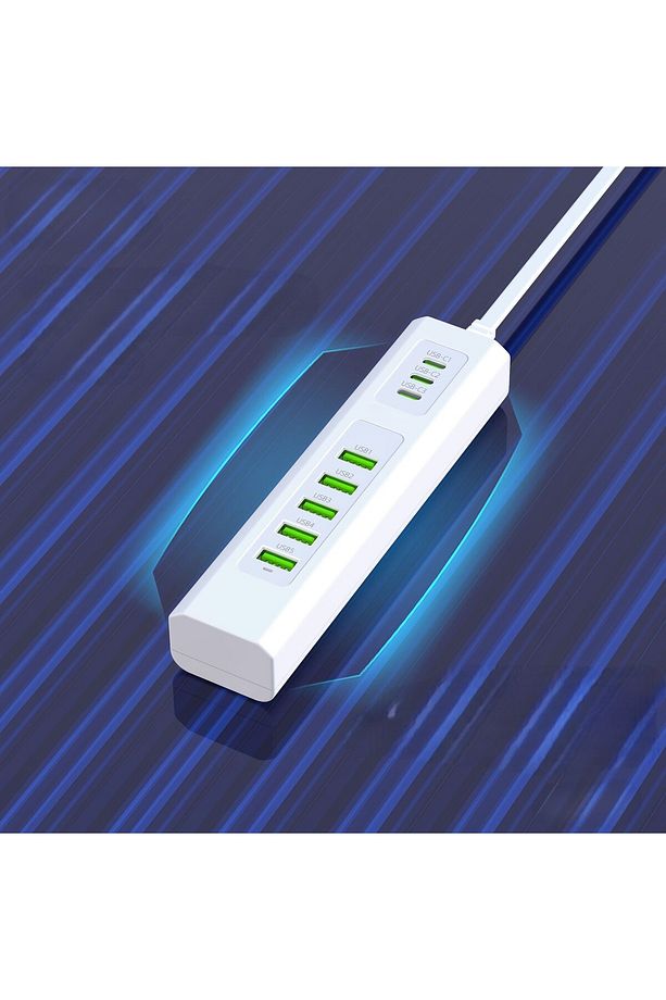 Hızlı Şarjlı USB Hub Çoklayıcı 3x Type-c 5x USB Çıkışlı 220V 1 MT Priz Kablolu Usb Çoğaltıcı - 4
