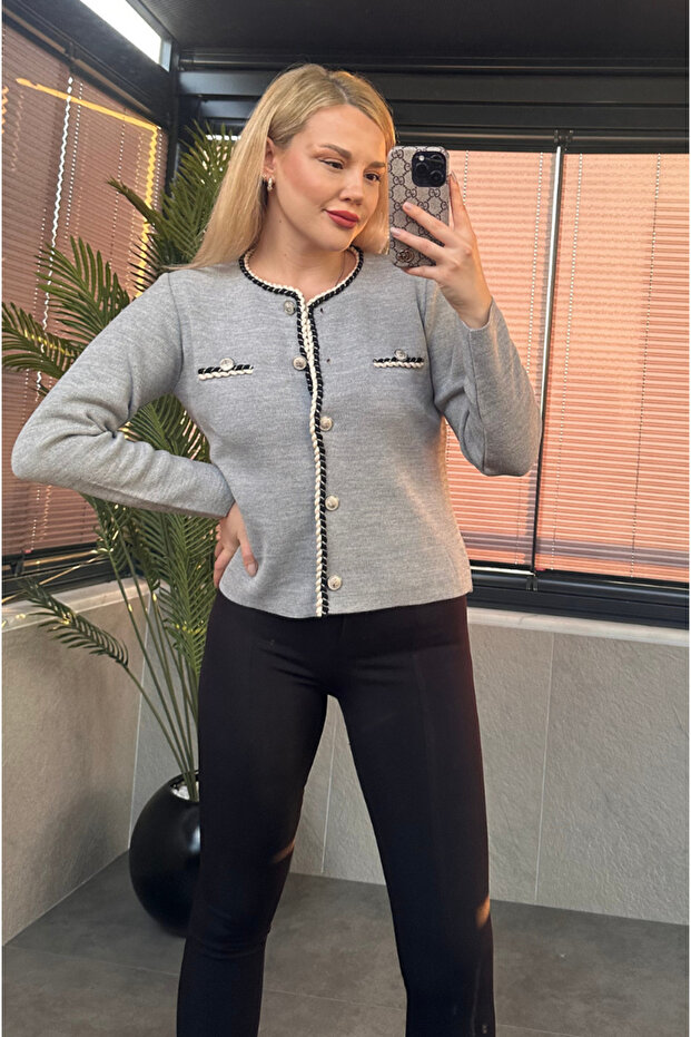 كارديجان رمادي بأزرار معالجة خاصة مع شريط ملتوي - 3