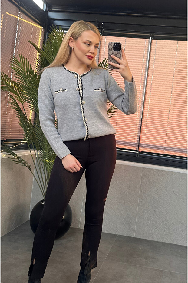 كارديجان رمادي بأزرار معالجة خاصة مع شريط ملتوي - 1