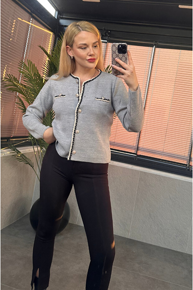 كارديجان رمادي بأزرار معالجة خاصة مع شريط ملتوي - 2