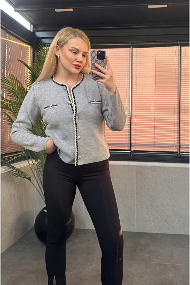 كارديجان رمادي بأزرار معالجة خاصة مع شريط ملتوي - 7