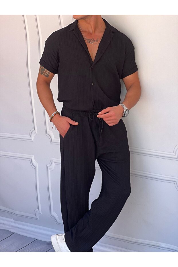 Men's Black Knitted Patterned Cotton Woven Oversized Cut Bottom Top Set