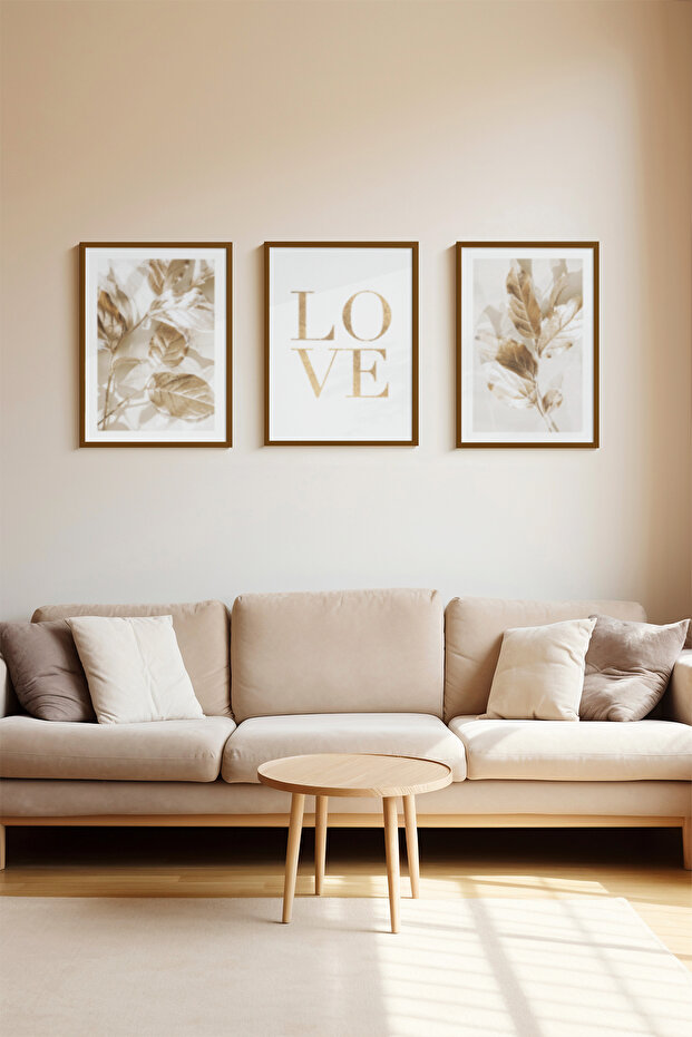 3 Piece Brown Real Wood Framed Painting Set - Model 2
