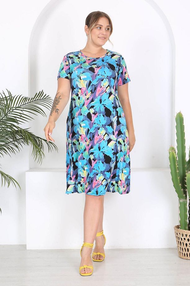 Kadın Mavi Floral Suluboya Desen Midi Elbise - 3