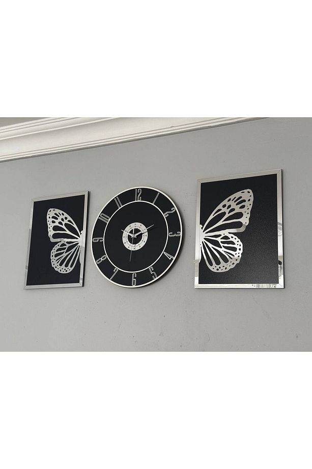 Ahşap Model 2 Li Kelebek Tablo Ve Saat Seti 40 cm - 1