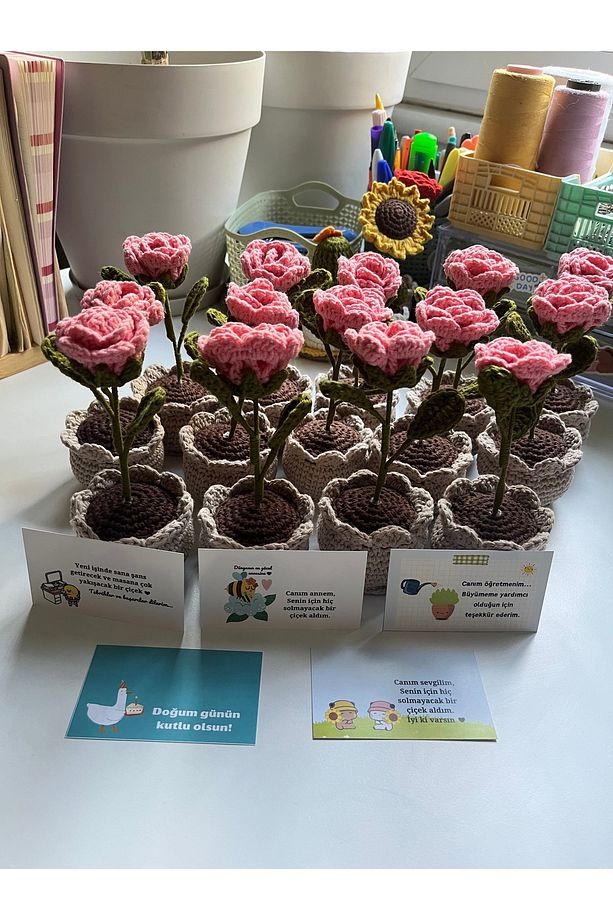 Örgü Pembe Gül Saksı Çiçek, Solmayan Gül, El Yapımı Örgü Çiçek, Anneye, Sevgiliye, Öğretmene Hediye - 3