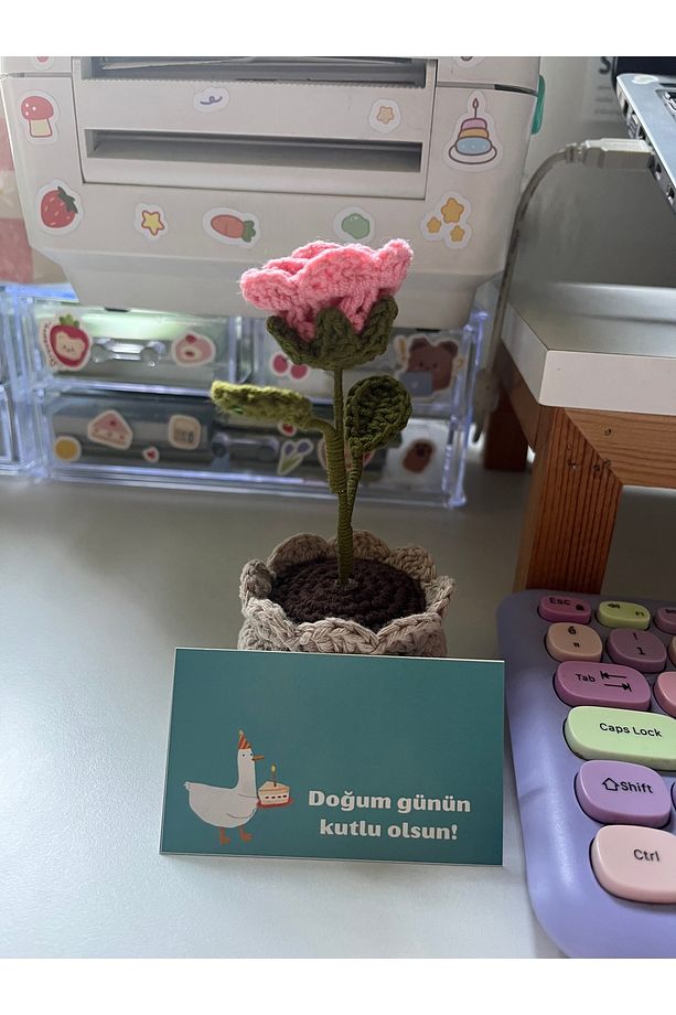 El Yapımı Örgü Saksıda Pembe Gül,Örgü Solmayan Çiçek,Doğum Günü Hediyesi,Masaüstü Hediyelik Çiçek - 1