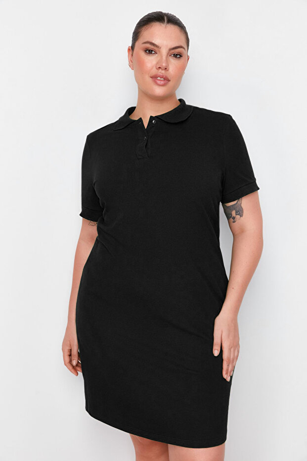 Siyah Polo Yaka Mini Örme Elbise TBBSS24AH00164 - 3