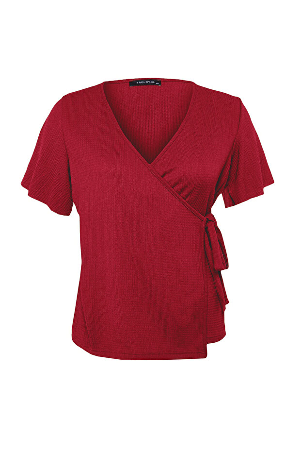 Kırmızı Kruvaze Bağlama Detaylı Örme Bluz TBBSS23AH00126 - 6