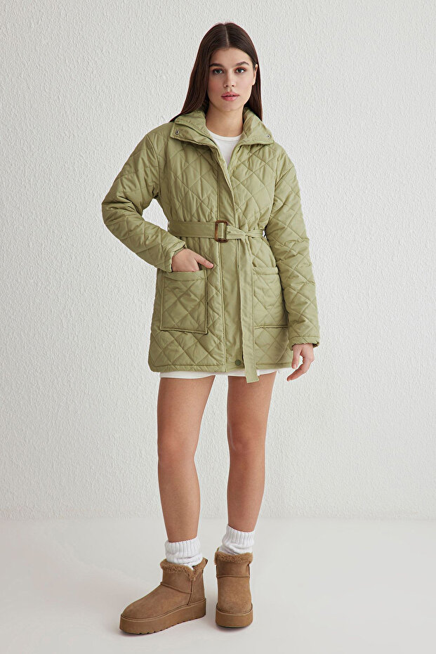Yeşil Oversize Kemerli Su İtici Kapitone Mont TWOAW23MO00170 - 2