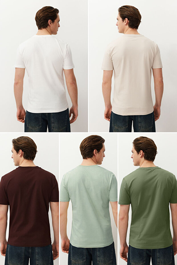 Unisex Mint-Haki-Kahverengi Slim/Dar Kesim 5'li Paket %100 Tok Kumaş T-shirt TMNAW20TS0243 - 4