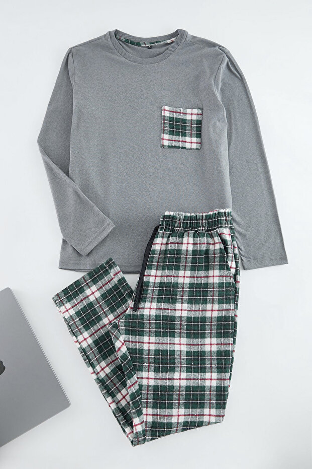 Gray-Green Plaid Pattern Woven Pajamas Set Tmnaw25Pt00038