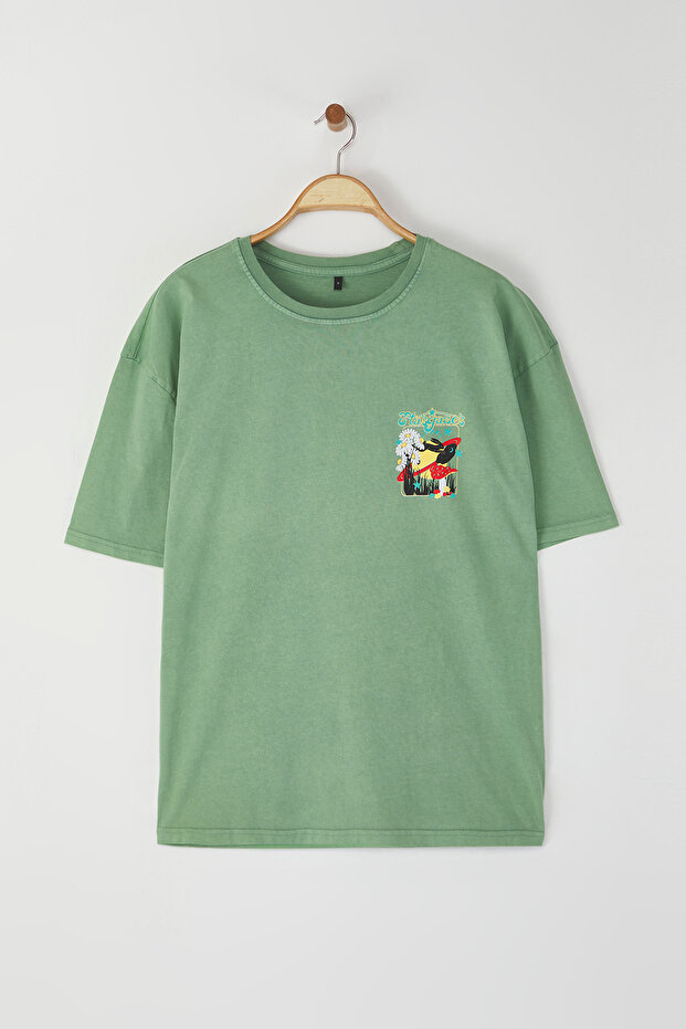 Yeşil Oversize/Geniş Kesim Bisiklet Yaka Kısa Kollu Asit Yıkamalı Baskılı Tok T-shirt TMNSS22TS0831 - 3