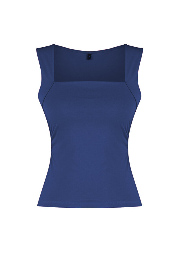 İndigo Düz Kare Yaka Askılı Büzgülü Fitted/Vücuda Oturan Esnek Örme Bluz TWOSS24BZ00400 - 6