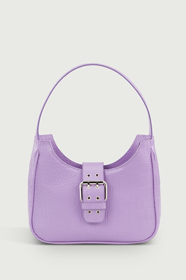 Women's Lilac Buckle Crocodile Patterned Baguette Bag