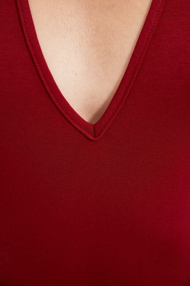 Burgundy Deep V Neck Snap Fastener Knitted Bodysuit Tpraw22Bd0084 - 9