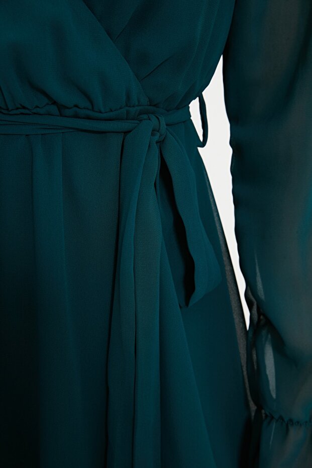 Smaragdgrünes, zweireihiges Webkleid mit Gürtel TWOAW20EL0789 - 4