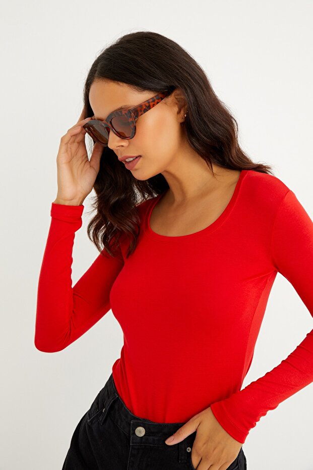 Guler pătrat roșu de damă cu mânecă lungă Basic Badi - 4