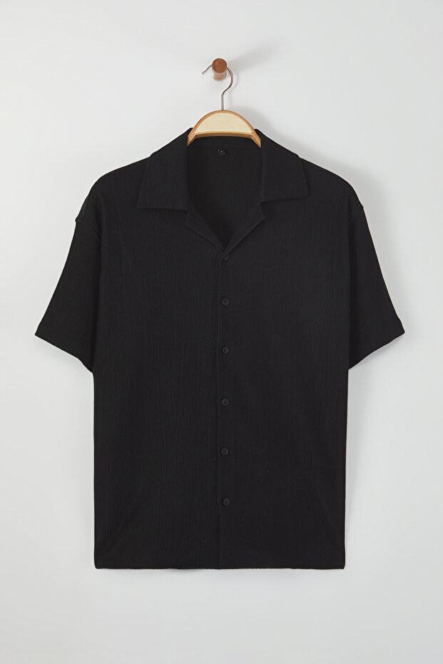 Siyah Oversize Dokulu Esnek Rahat Örme Kumaş Gömlek TMNSS25GO00006 - 6