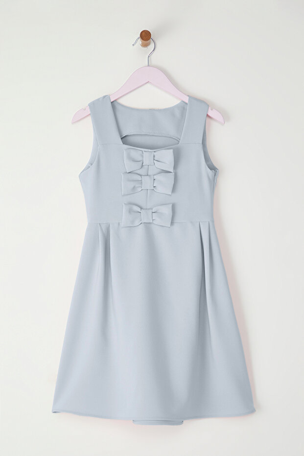 Bebe Mavisi Kurdele Detaylı Mini Me Anne-Kız Dokuma Elbise TKDSS25EL00046 - 7