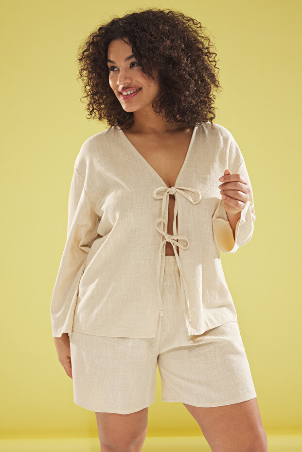 Bej V Yaka Bağlama Detaylı Pamuk Flam Beachwear Büyük Beden Alt-Üst Takım TBBSS25CP00012 - 3