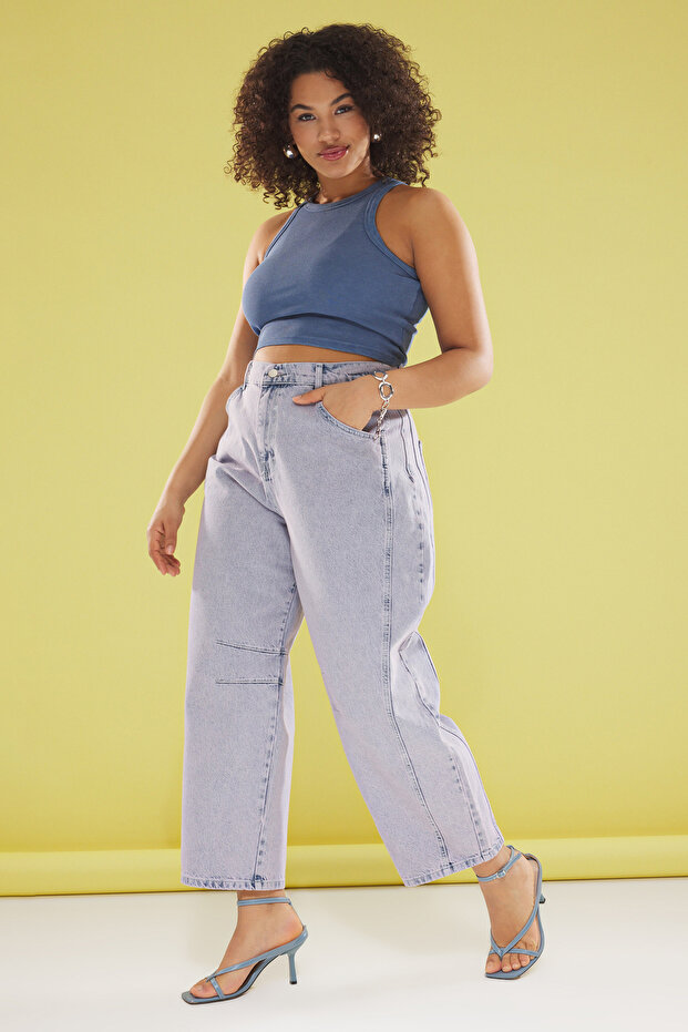 Açık Mavi-Pembe Yüksek Bel Bagyy Fit Büyük Beden Jeans TBBSS25CJ00000 - 3