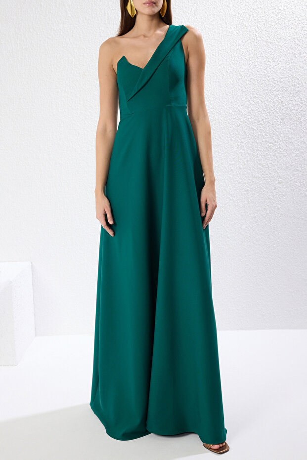 Smaragdově zelené dlouhé večerní večerní šaty s výstřihem do A TPRSS19UT0054 - 3