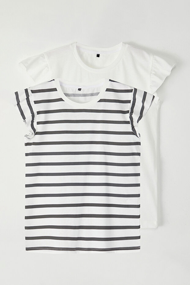 Siyah-Ekru 2'li Kız Çocuk %100 Pamuk Fırfırlı Regular Kalıp Kısa Kol Örme T-Shirt TKDSS25TS00011 - 1