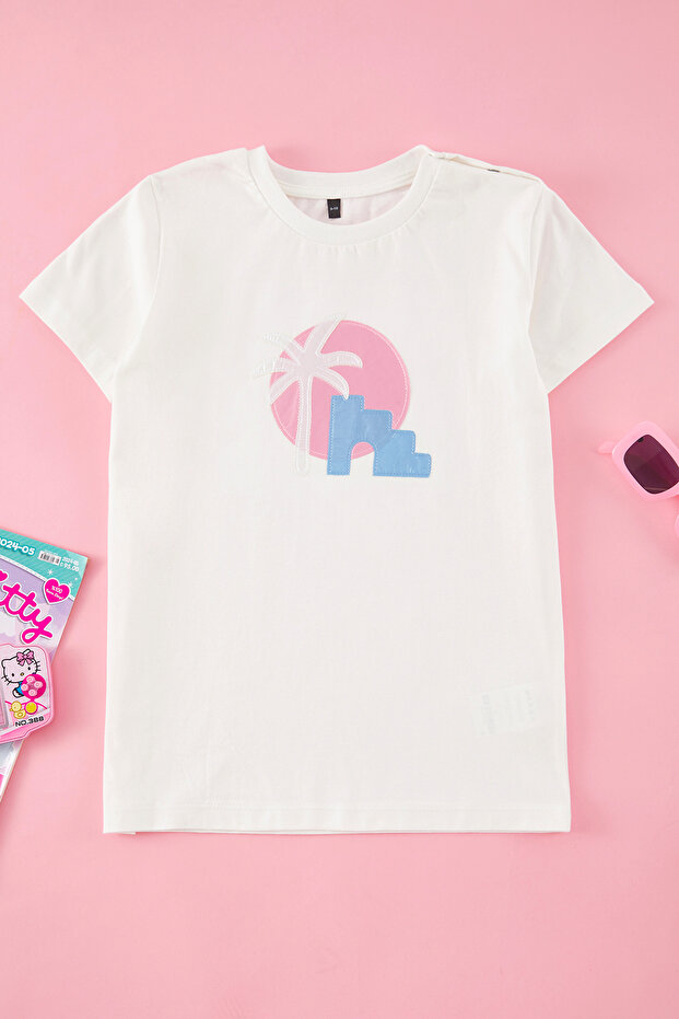 Ekru Kız Çocuk %100 Pamuk Palmiye Baskılı Regular/Normal Kalıp Kısa Kol Örme T-Shirt TKDSS25TS00051 - 1
