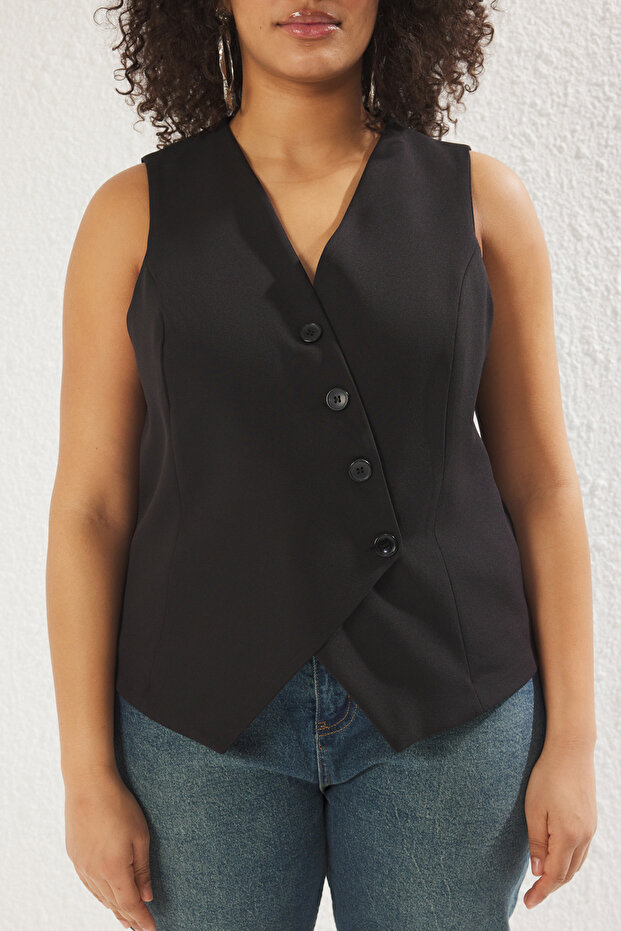 سترة سوداء عادية غير متناظرة مقاس كبير منسوجة TBBSS25BH00000 - 3