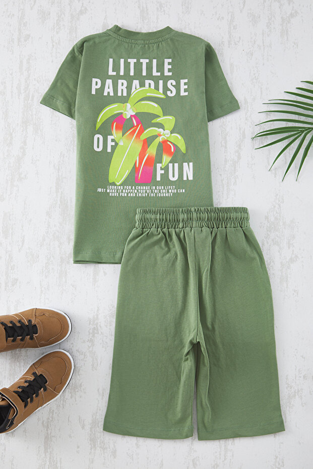Haki Erkek Baskılı Çocuk %100 Pamuk Tropik Baskılı Örme T-Shirt Şort Alt-Üst Takım TKDSS24AU00005 - 3