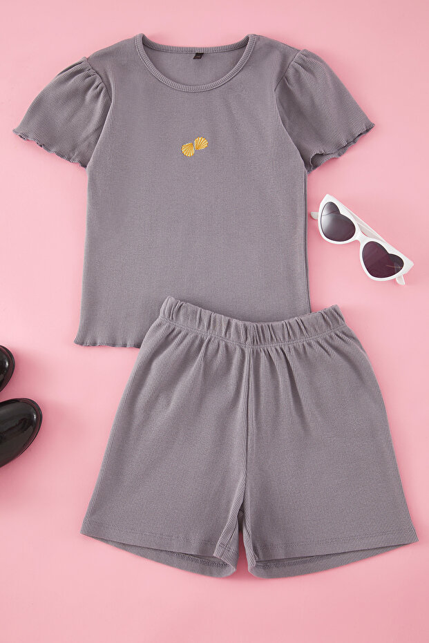 Gri Kız Çocuk Pamuklu Minimal Nakış T-Shirt Şort Örme Alt-Üst Takım TKDSS25AU00019 - 2