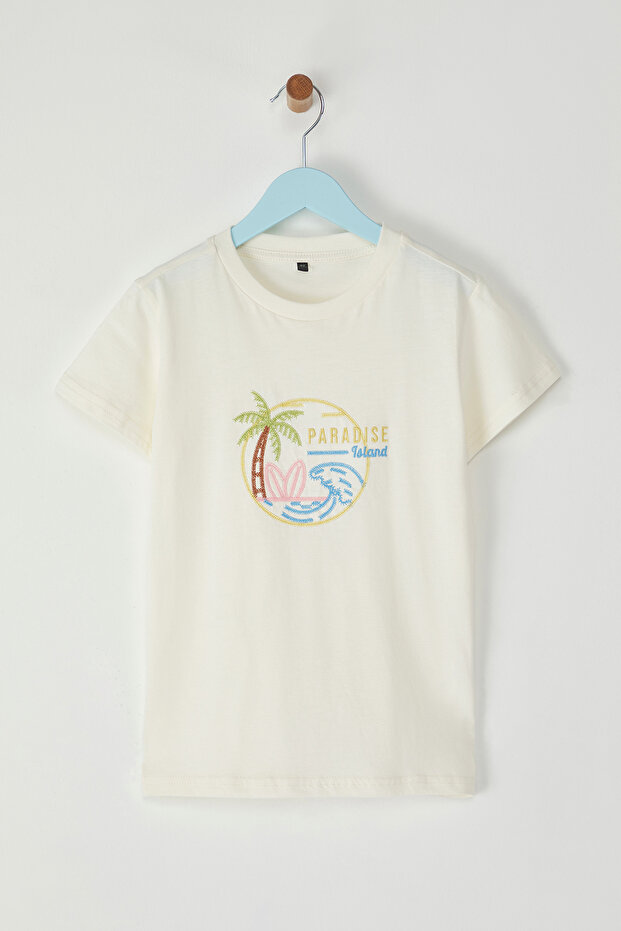 Ekru Erkek Çocuk %100 Pamuk Palmiye Nakışlı Regular Kalıp Kısa Kol Örme T-Shirt TKDSS25TS00049 - 2