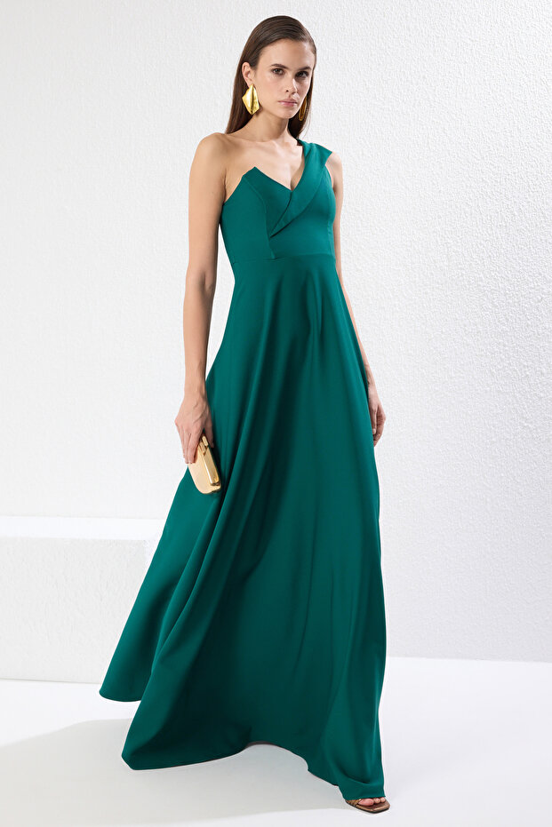 Smaragdově zelené dlouhé večerní večerní šaty s výstřihem do A TPRSS19UT0054 - 1