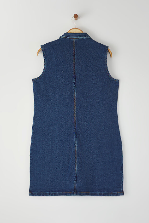 Mavi Gömlek Yaka Cepli Orta Esnek Büyük Beden Denim Elbise TBBSS25AH00088 - 8