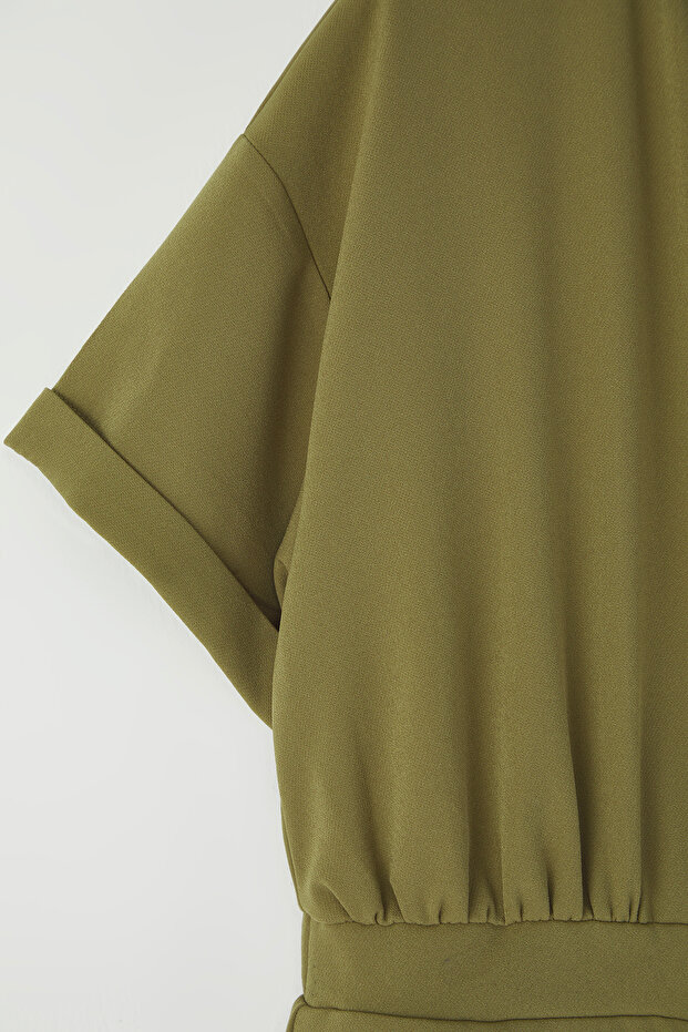 Khaki Dwurzędowy Kombinezon z Kołnierzykiem Tkany Plus Size Tbbss25Bg00006 - 8